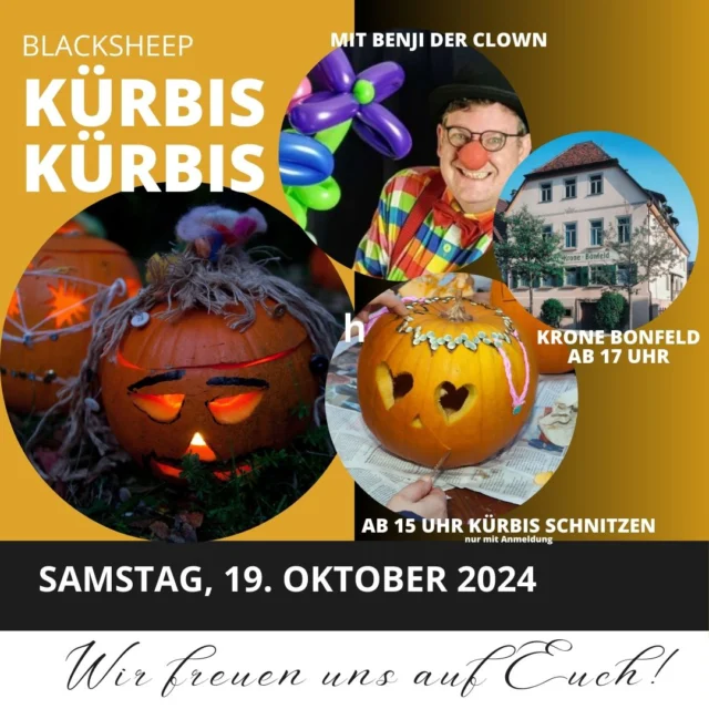 KÜRBIS KÜRBIS – neue Location!

Die nächste Ausgabe von "Kürbis, Kürbis" steht vor der Tür! Am Samstag, den 19. Oktober, laden wir alle Familien ab 17 Uhr herzlich ins Gasthaus Krone in Bonfeld ein. Das Kürbisschnitzen beginnt bereits um 15 Uhr in der Grundschule Bonfeld. Beim Gasthaus Krone, wo die Veranstaltung im Freien stattfindet, erwarten euch Würstchen, Kürbissuppe, Waffeln und Getränke. Für die Kinder sorgt Benji der Clown mit lustiger Unterhaltung. Alle Details zum Programm und zur Anmeldung findet ihr hier: https://www.blacksheep-kultur.de/events/kuerbiskuerbis2024/.

Wir freuen uns auf einen wunderbaren herbstlichen Nachmittag mit euch!
#blacksheepfestival #bonfeld #badrappenau